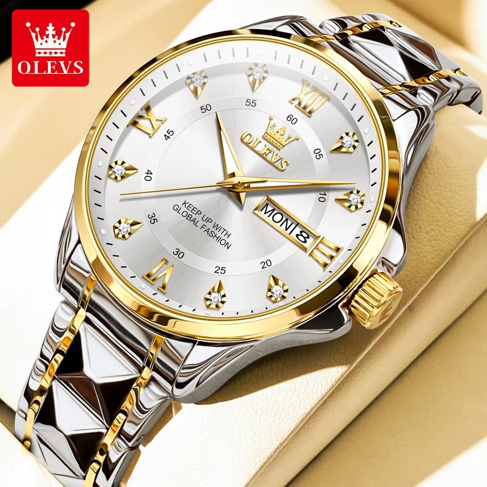 OLEVS Luxury Gold Couple Watch Set – Dual Calendar Stainless Steel Quartz Watches for Men & Women – Waterproof & Luminous Design - SMARTMARTNZ