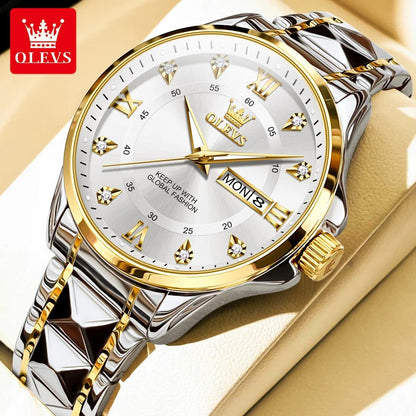 OLEVS Luxury Gold Couple Watch Set – Dual Calendar Stainless Steel Quartz Watches for Men & Women – Waterproof & Luminous Design - SMARTMARTNZ