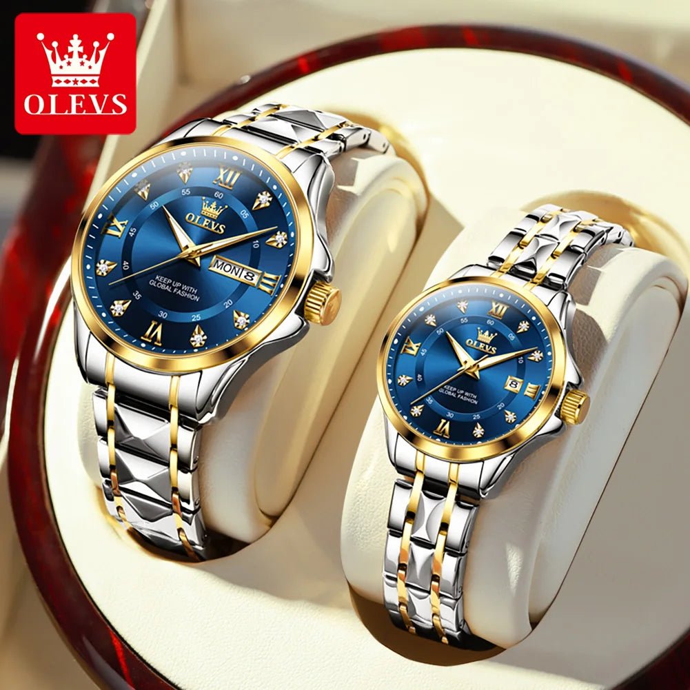 OLEVS Luxury Gold Couple Watch Set – Dual Calendar Stainless Steel Quartz Watches for Men & Women – Waterproof & Luminous Design - SMARTMARTNZ