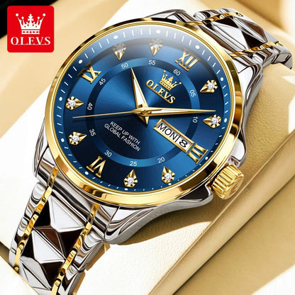 OLEVS Luxury Gold Couple Watch Set – Dual Calendar Stainless Steel Quartz Watches for Men & Women – Waterproof & Luminous Design - SMARTMARTNZ