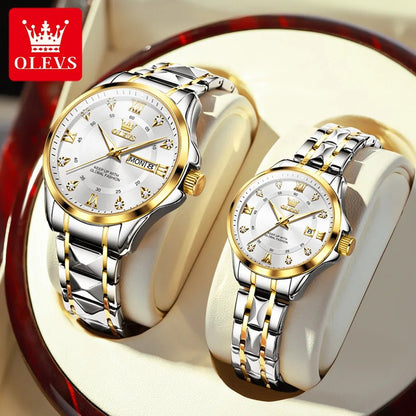 OLEVS Luxury Gold Couple Watch Set – Dual Calendar Stainless Steel Quartz Watches for Men & Women – Waterproof & Luminous Design - SMARTMARTNZ