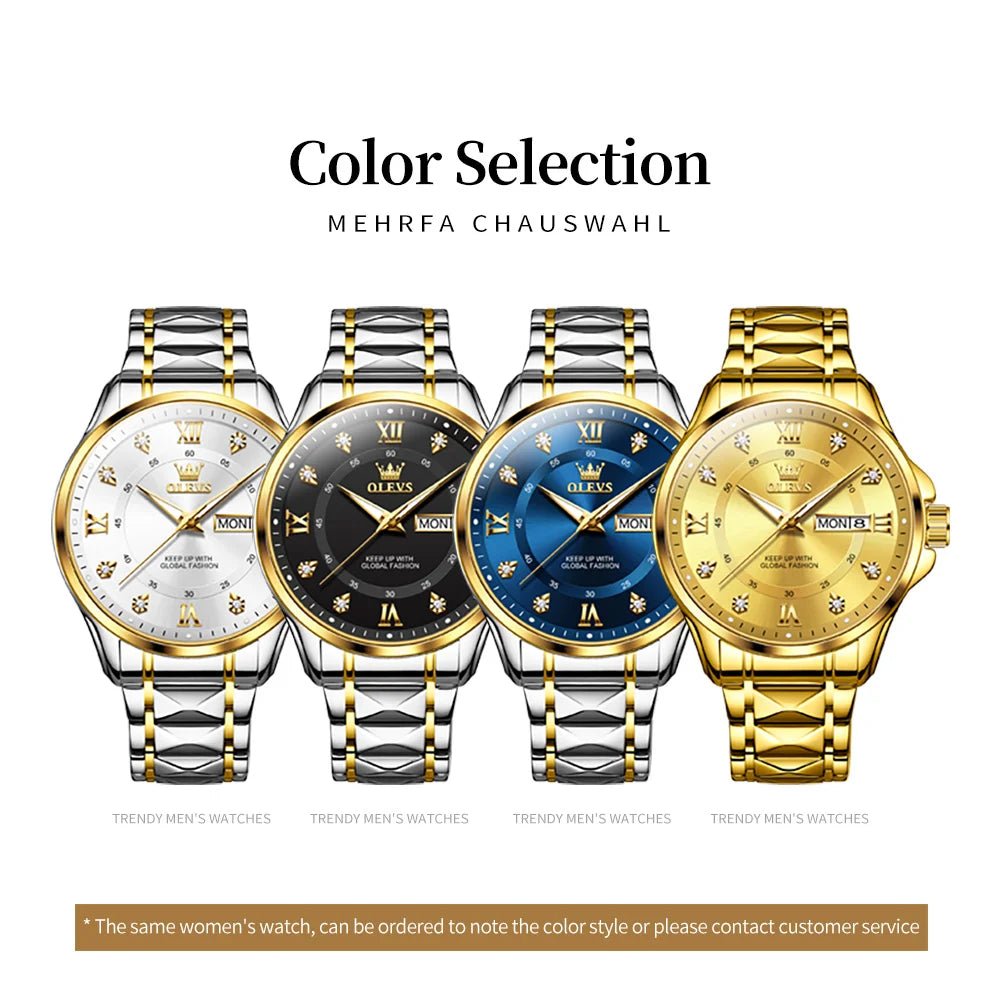 OLEVS Luxury Gold Couple Watch Set – Dual Calendar Stainless Steel Quartz Watches for Men & Women – Waterproof & Luminous Design - SMARTMARTNZ