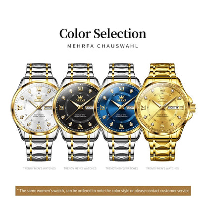 OLEVS Luxury Gold Couple Watch Set – Dual Calendar Stainless Steel Quartz Watches for Men & Women – Waterproof & Luminous Design - SMARTMARTNZ