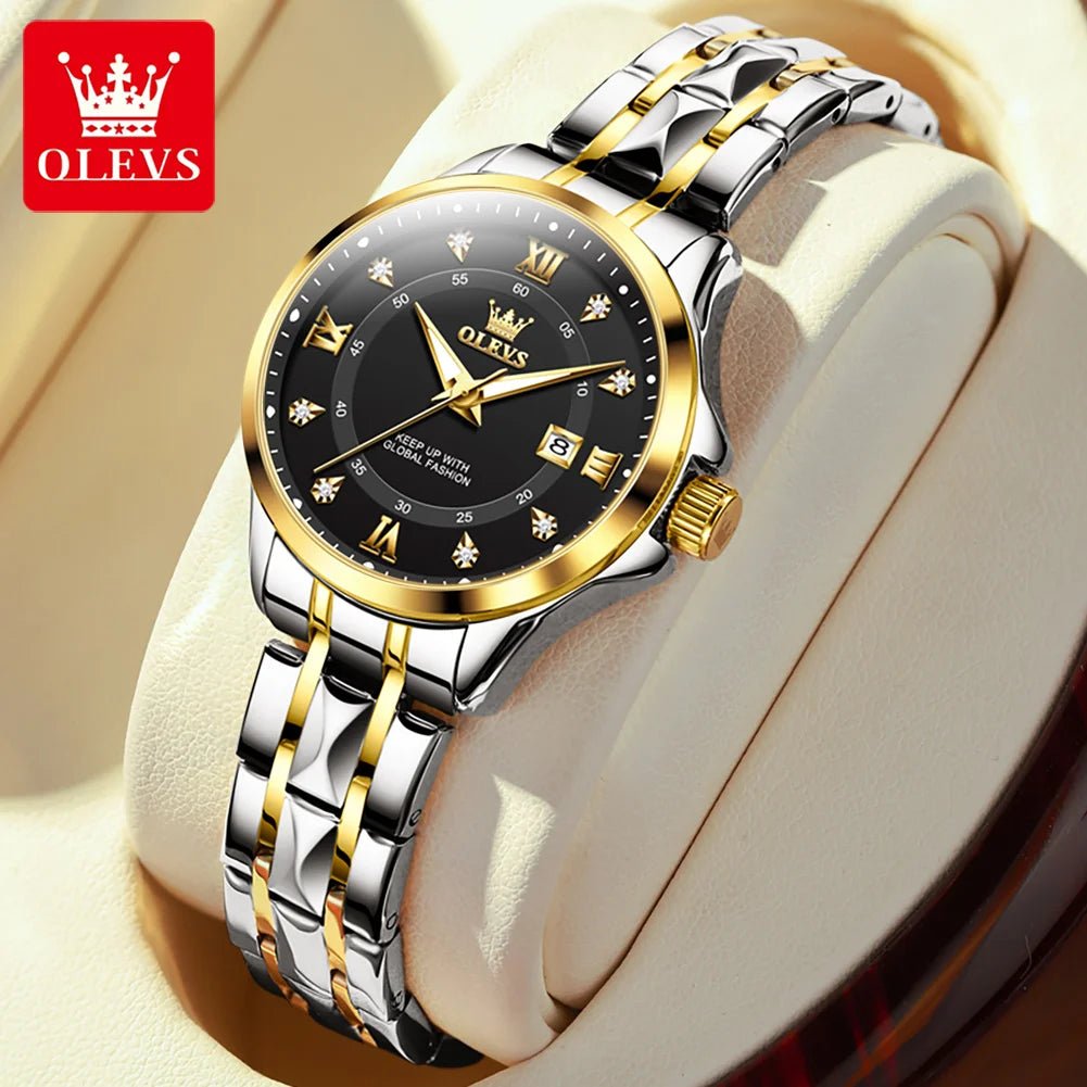 OLEVS Luxury Gold Couple Watch Set – Dual Calendar Stainless Steel Quartz Watches for Men & Women – Waterproof & Luminous Design - SMARTMARTNZ