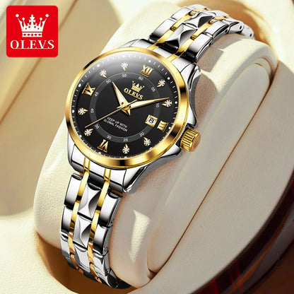 OLEVS Luxury Gold Couple Watch Set – Dual Calendar Stainless Steel Quartz Watches for Men & Women – Waterproof & Luminous Design - SMARTMARTNZ