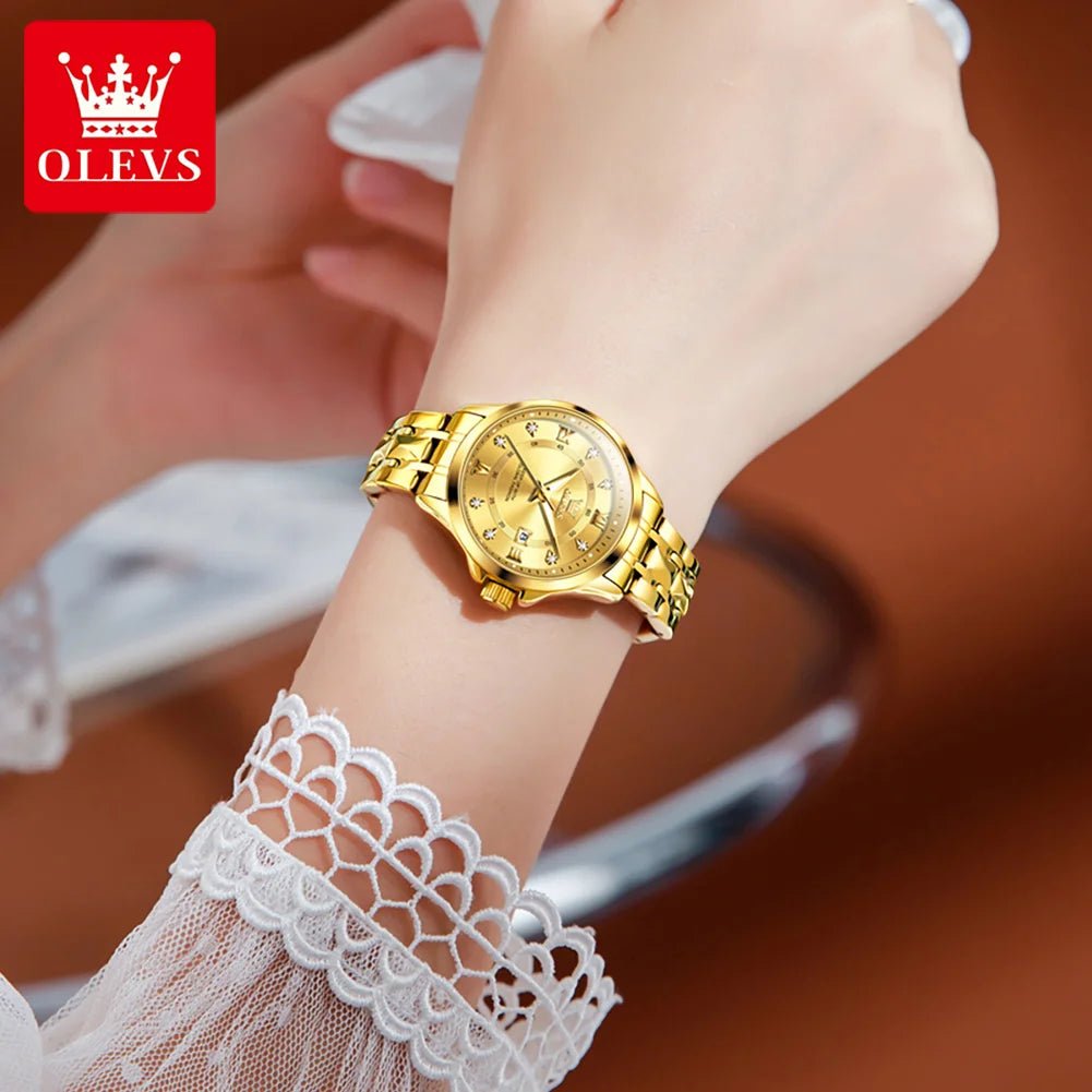 OLEVS Luxury Gold Couple Watch Set – Dual Calendar Stainless Steel Quartz Watches for Men & Women – Waterproof & Luminous Design - SMARTMARTNZ