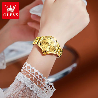 OLEVS Luxury Gold Couple Watch Set – Dual Calendar Stainless Steel Quartz Watches for Men & Women – Waterproof & Luminous Design - SMARTMARTNZ