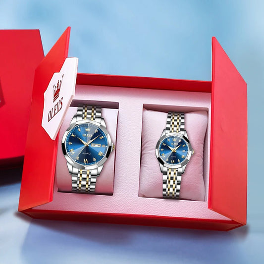 OLEVS Rhombus Mirror Couple Watches – Luxury Quartz Waterproof Wristwatches for Men & Women with Date, Week & Luminous Display - SMARTMARTNZ