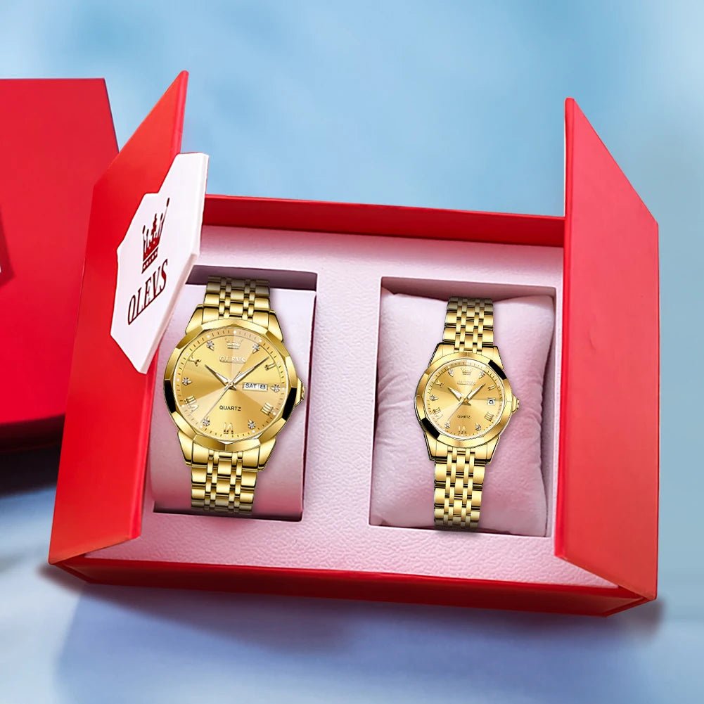 OLEVS Rhombus Mirror Couple Watches – Luxury Quartz Waterproof Wristwatches for Men & Women with Date, Week & Luminous Display - SMARTMARTNZ