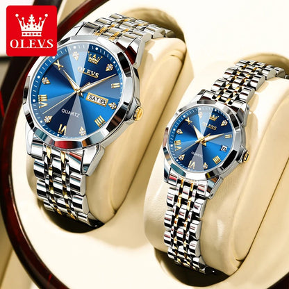OLEVS Rhombus Mirror Couple Watches – Luxury Quartz Waterproof Wristwatches for Men & Women with Date, Week & Luminous Display - SMARTMARTNZ
