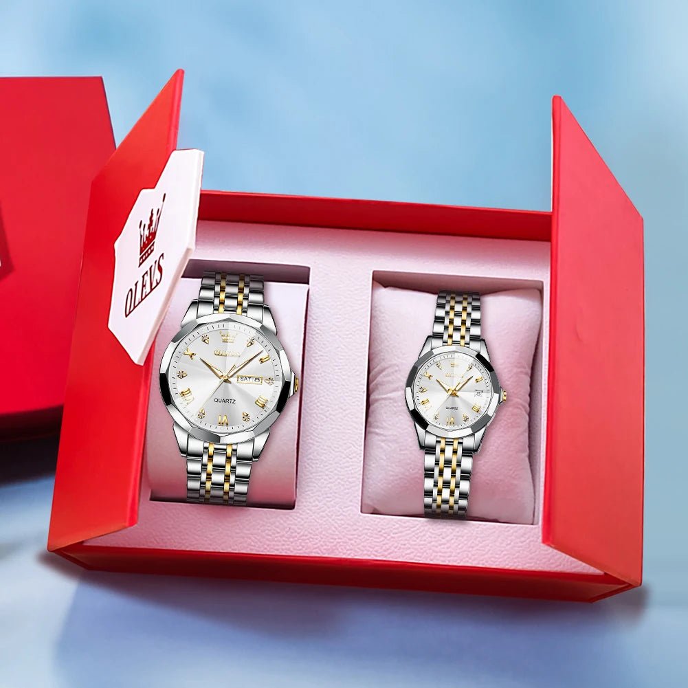 OLEVS Rhombus Mirror Couple Watches – Luxury Quartz Waterproof Wristwatches for Men & Women with Date, Week & Luminous Display - SMARTMARTNZ