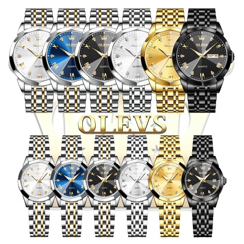 OLEVS Rhombus Mirror Couple Watches – Luxury Quartz Waterproof Wristwatches for Men & Women with Date, Week & Luminous Display - SMARTMARTNZ