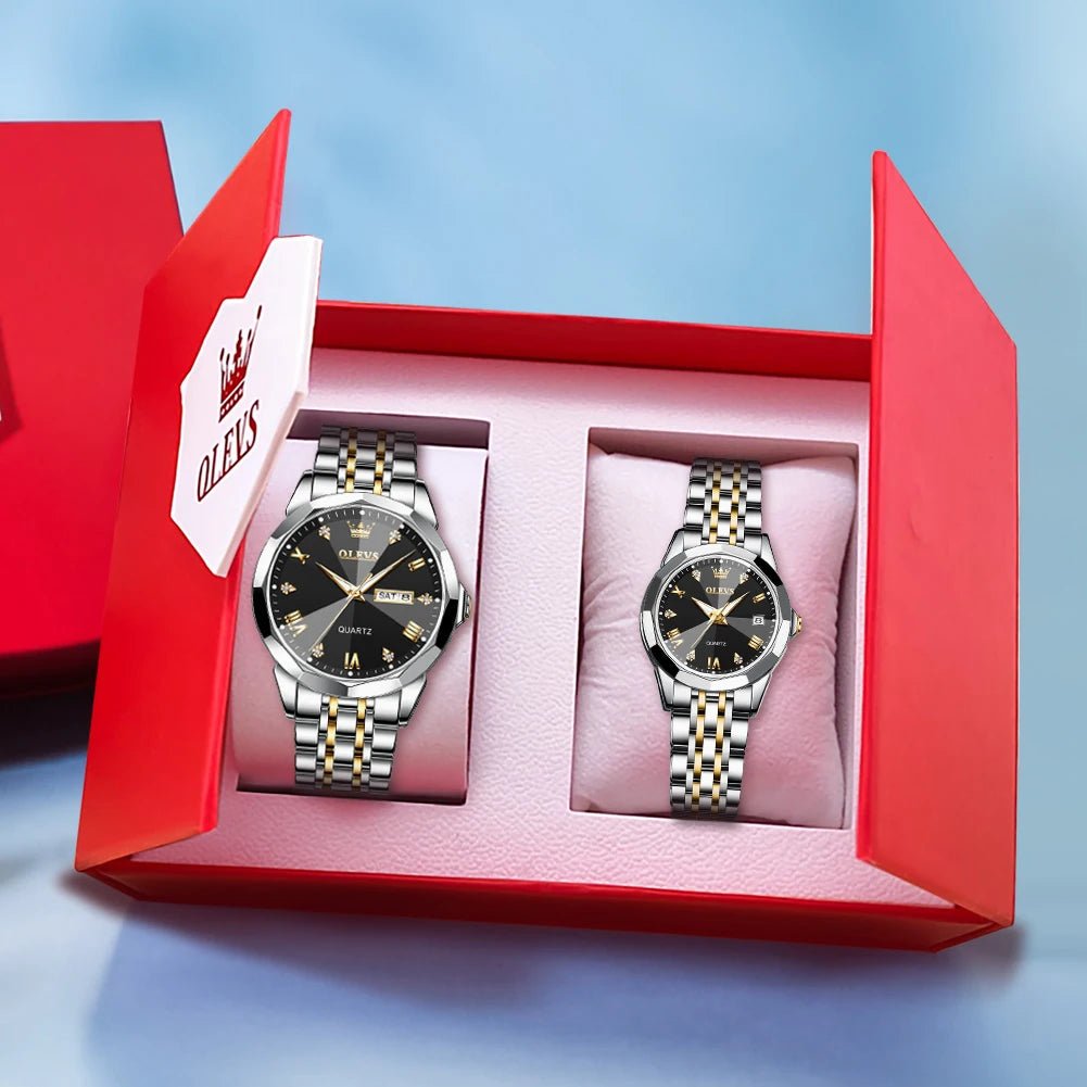 OLEVS Rhombus Mirror Couple Watches – Luxury Quartz Waterproof Wristwatches for Men & Women with Date, Week & Luminous Display - SMARTMARTNZ