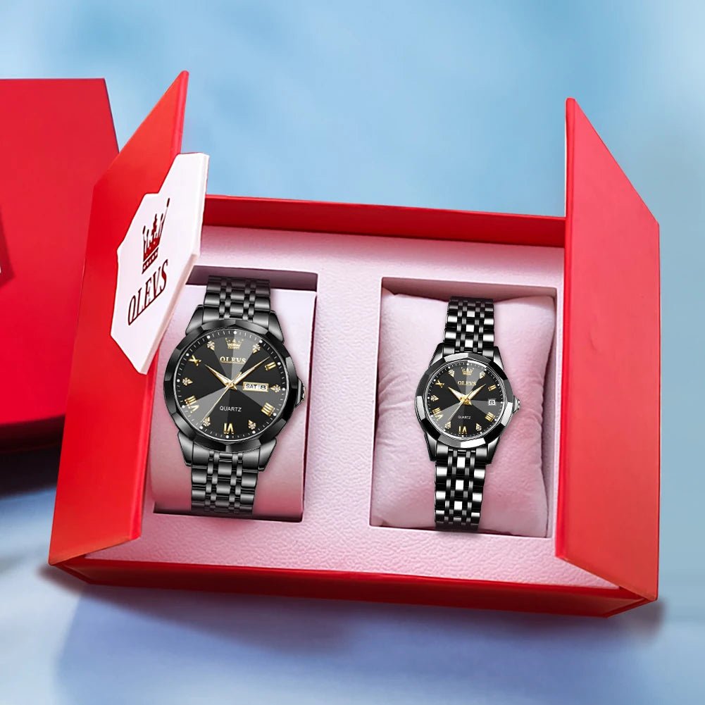 OLEVS Rhombus Mirror Couple Watches – Luxury Quartz Waterproof Wristwatches for Men & Women with Date, Week & Luminous Display - SMARTMARTNZ