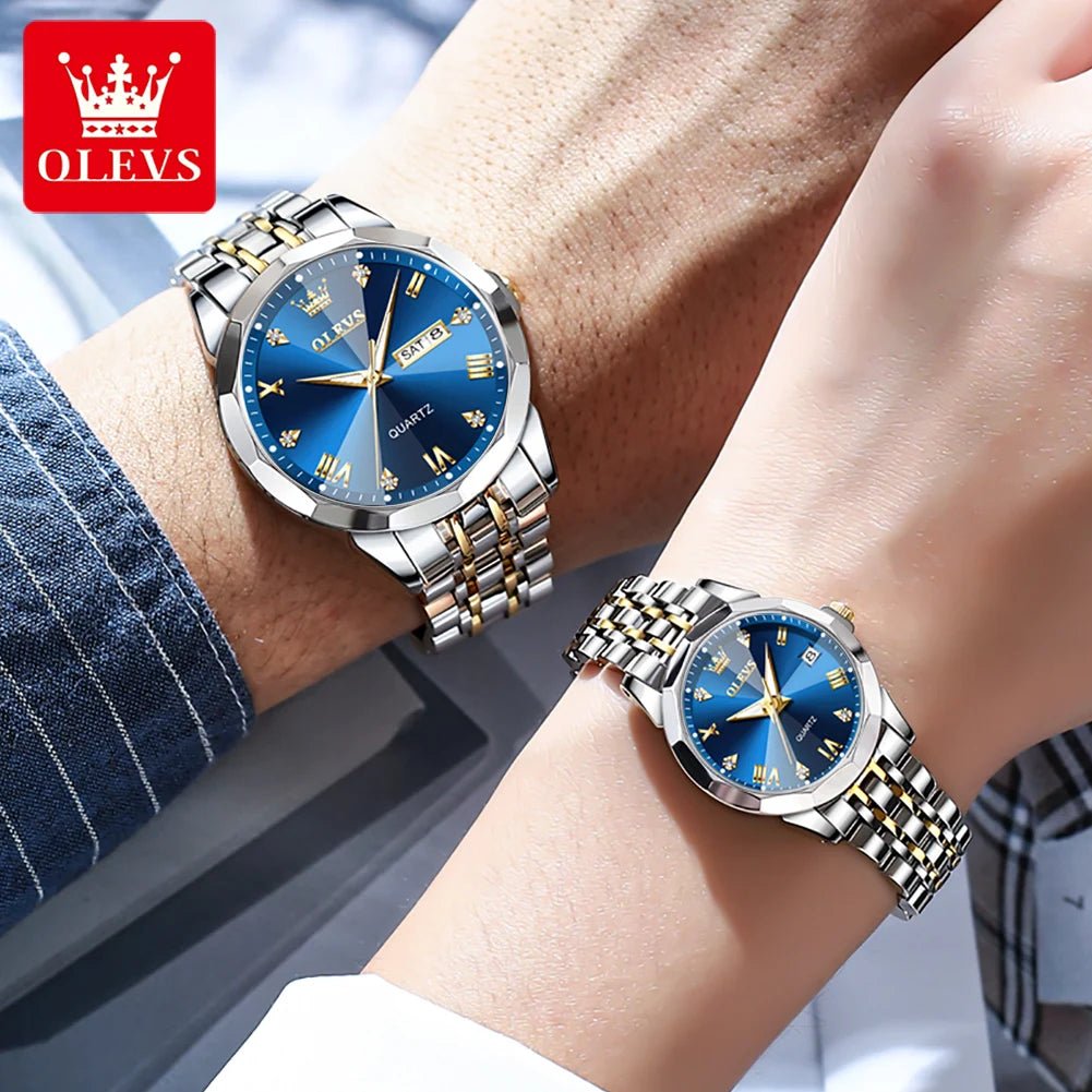 OLEVS Rhombus Mirror Couple Watches – Luxury Quartz Waterproof Wristwatches for Men & Women with Date, Week & Luminous Display - SMARTMARTNZ
