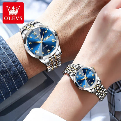 OLEVS Rhombus Mirror Couple Watches – Luxury Quartz Waterproof Wristwatches for Men & Women with Date, Week & Luminous Display - SMARTMARTNZ