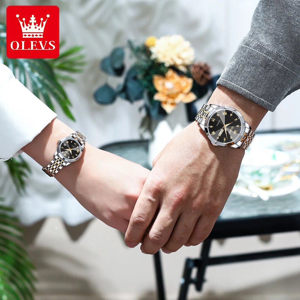 OLEVS Rhombus Mirror Couple Watches – Luxury Quartz Waterproof Wristwatches for Men & Women with Date, Week & Luminous Display - SMARTMARTNZ