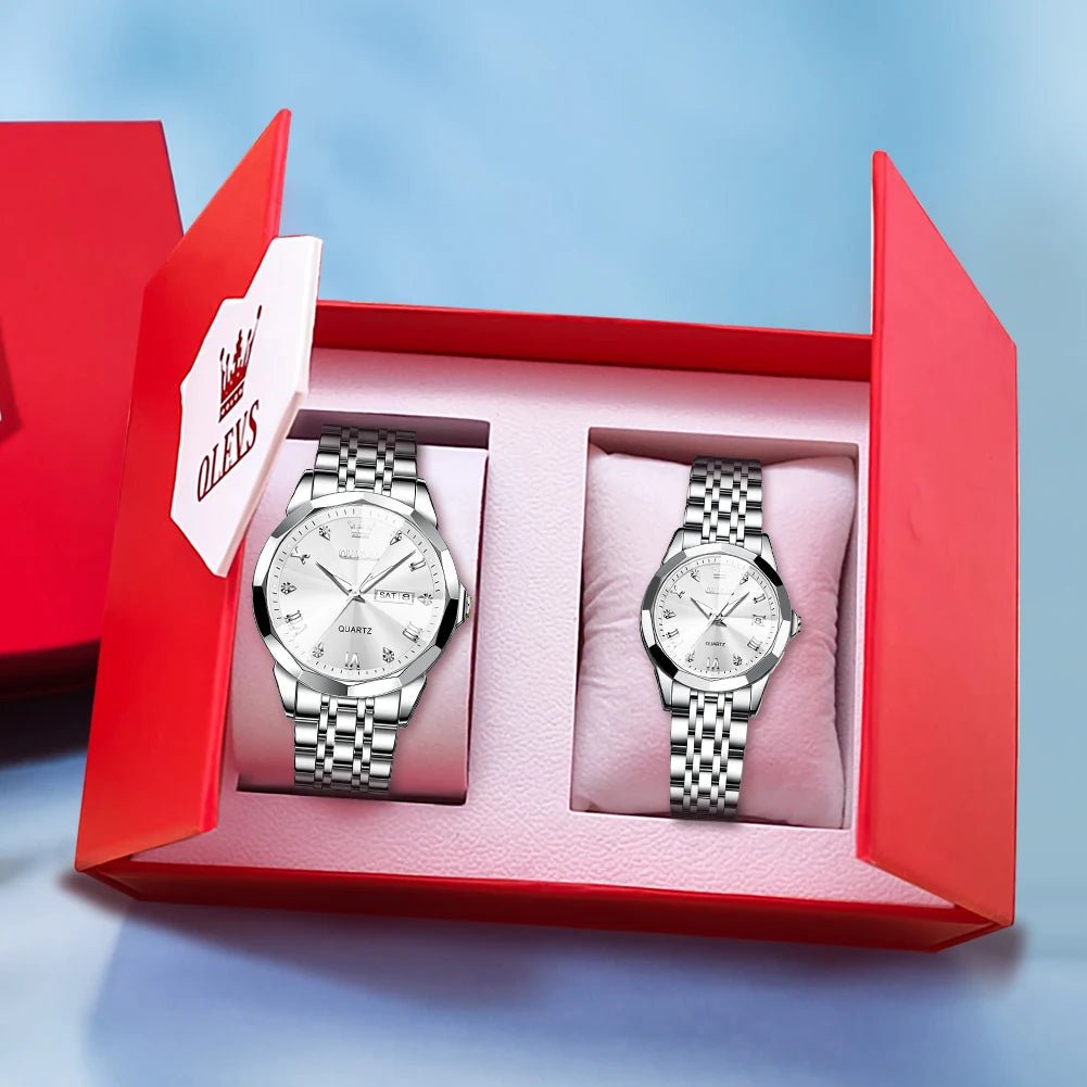 OLEVS Rhombus Mirror Couple Watches – Luxury Quartz Waterproof Wristwatches for Men & Women with Date, Week & Luminous Display - SMARTMARTNZ