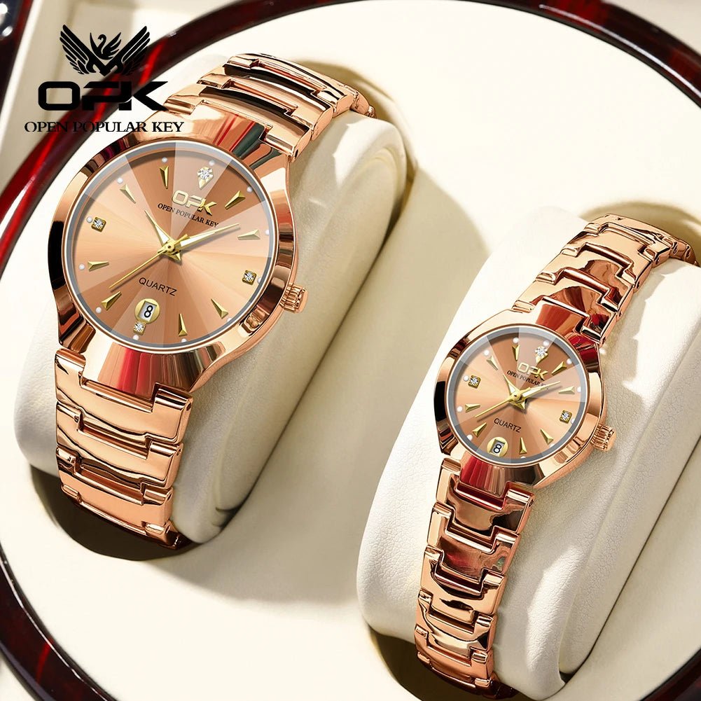 OPK 8105 Classic Couple Watch Set – Waterproof Quartz Watches with Glow Dial, Date & Week Display for Men and Women - SMARTMARTNZ