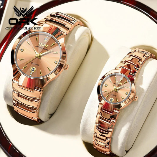 OPK 8105 Classic Couple Watch Set – Waterproof Quartz Watches with Glow Dial, Date & Week Display for Men and Women - SMARTMARTNZ
