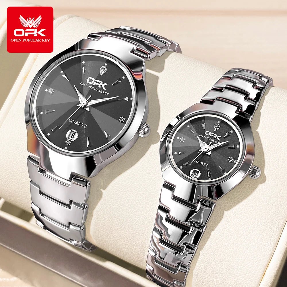 OPK 8105 Classic Couple Watch Set – Waterproof Quartz Watches with Glow Dial, Date & Week Display for Men and Women - SMARTMARTNZ