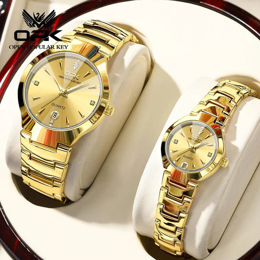 OPK 8105 Classic Couple Watch Set – Waterproof Quartz Watches with Glow Dial, Date & Week Display for Men and Women - SMARTMARTNZ