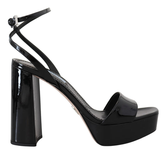 Prada Black Patent Sandals Ankle Strap Heels Leather - SMARTMARTNZ