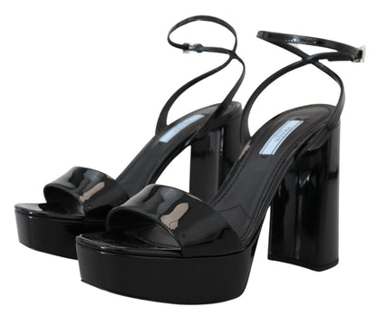 Prada Black Patent Sandals Ankle Strap Heels Leather - SMARTMARTNZ