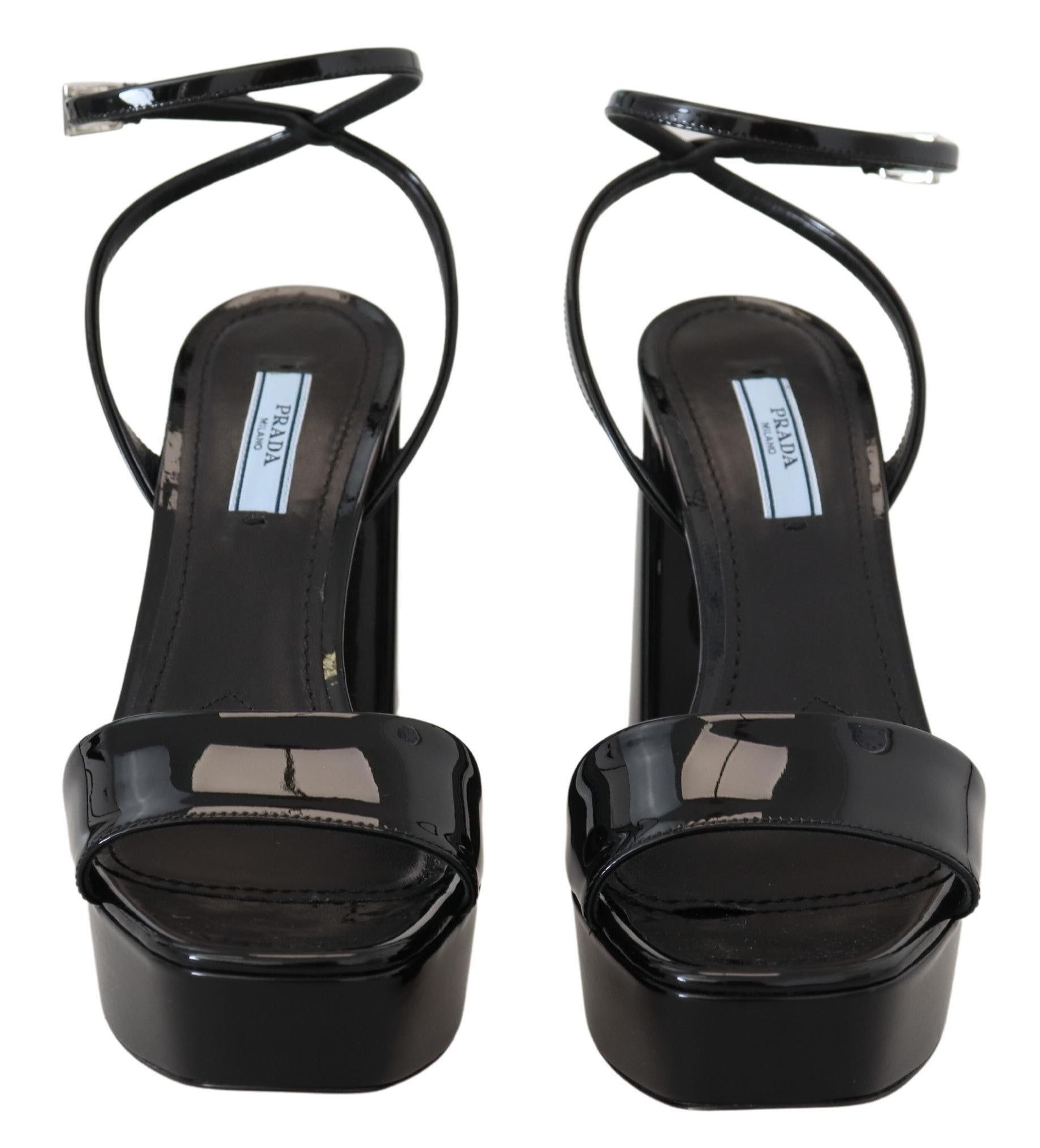 Prada Black Patent Sandals Ankle Strap Heels Leather - SMARTMARTNZ