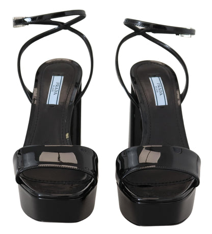 Prada Black Patent Sandals Ankle Strap Heels Leather - SMARTMARTNZ