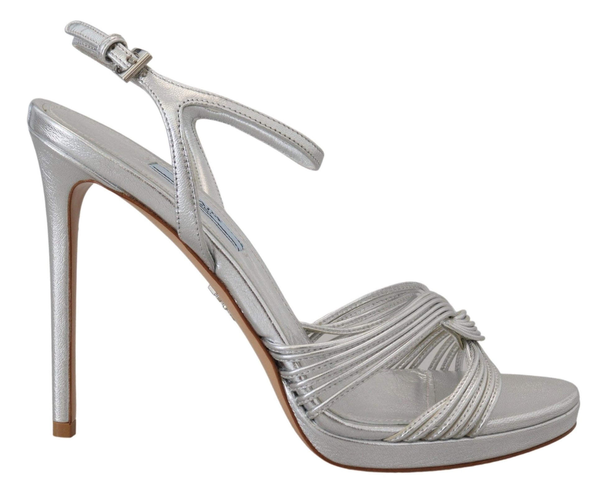 Prada Silver Leather Sandals Ankle Strap Heels Stiletto - SMARTMARTNZ