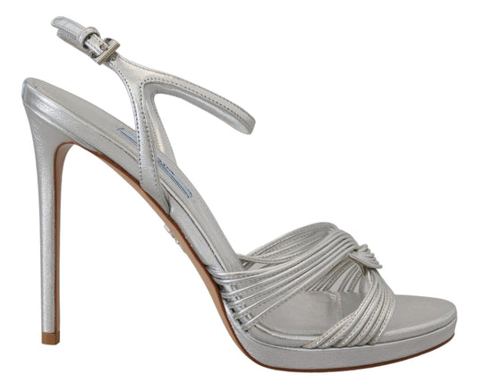 Prada Silver Leather Sandals Ankle Strap Heels Stiletto - SMARTMARTNZ