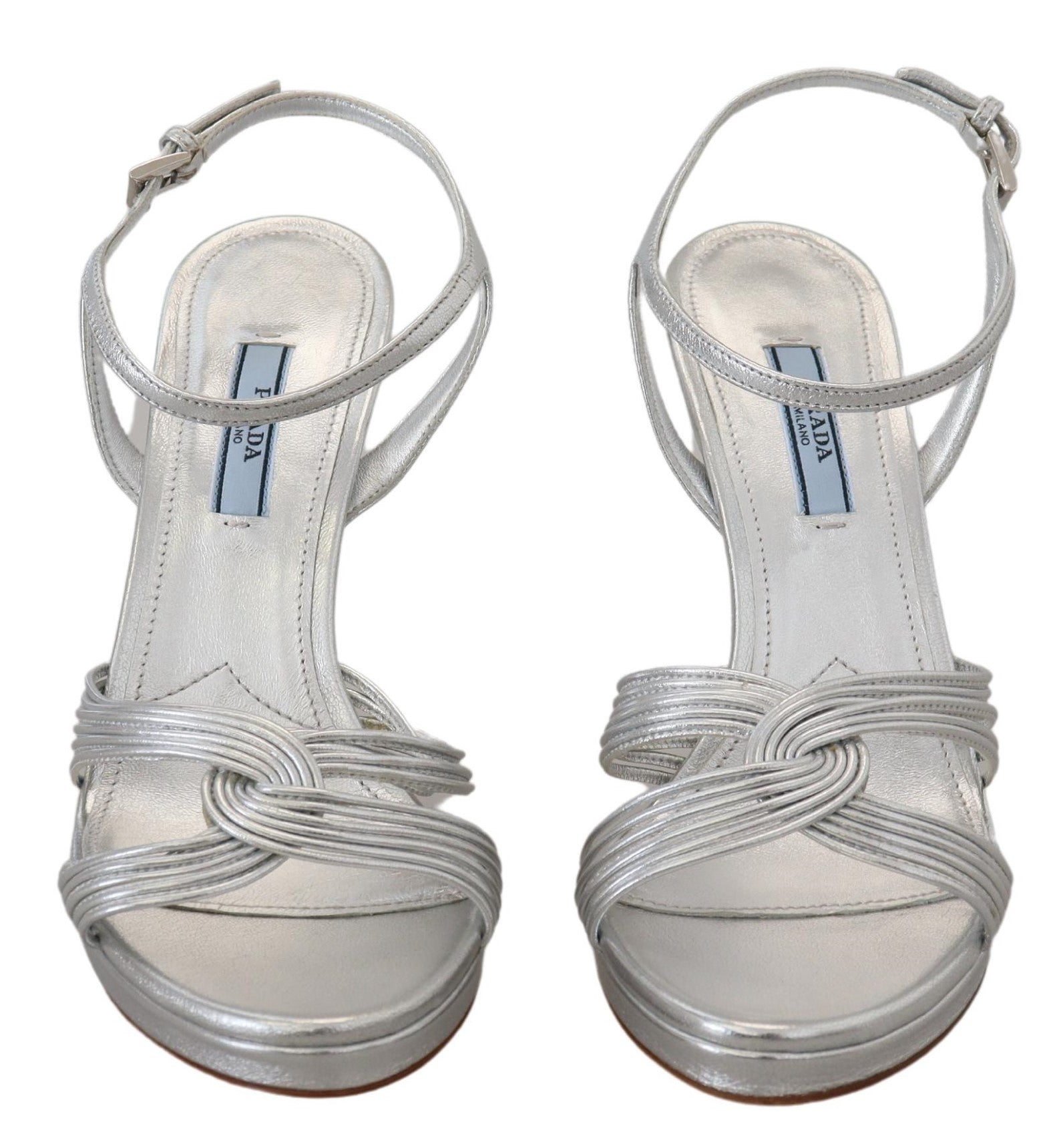 Prada Silver Leather Sandals Ankle Strap Heels Stiletto - SMARTMARTNZ