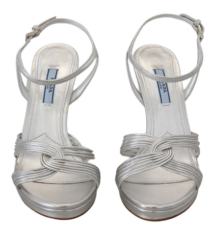 Prada Silver Leather Sandals Ankle Strap Heels Stiletto - SMARTMARTNZ
