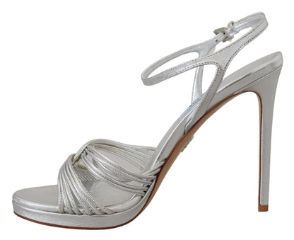 Prada Silver Leather Sandals Ankle Strap Heels Stiletto - SMARTMARTNZ