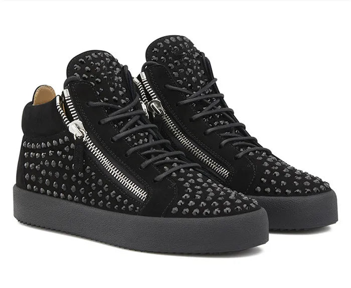 SHOOEGLE Men’s Patchwork Zipper Sneakers with Rhinestones - SMARTMARTNZ