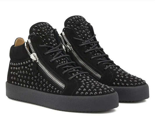 SHOOEGLE Men’s Patchwork Zipper Sneakers with Rhinestones - SMARTMARTNZ