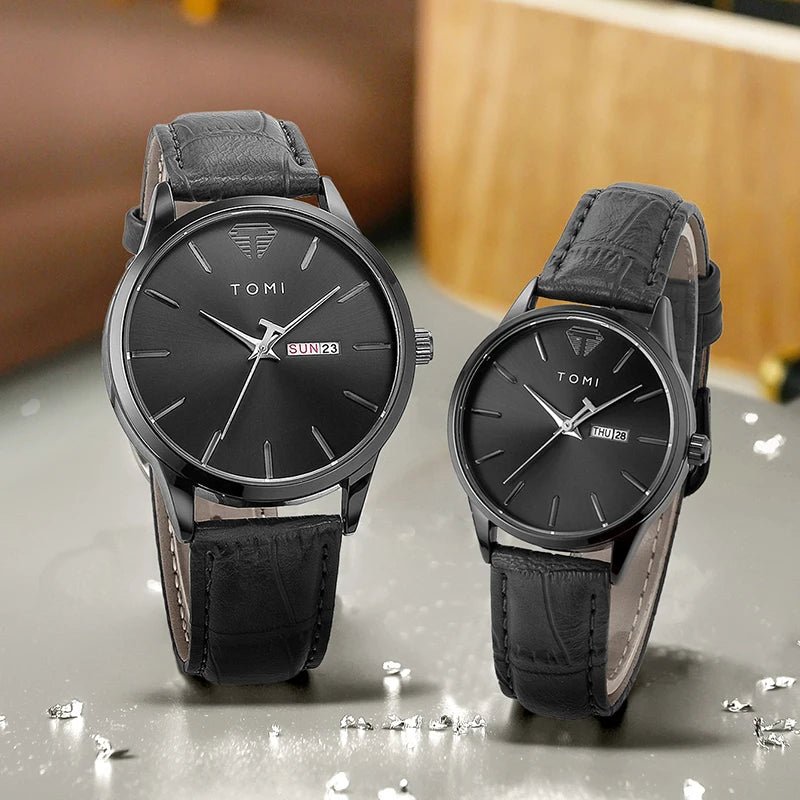 TOMI Minimalist Couple Watch Set – Luxury Circular Quartz Watches with Calendar for Men & Women – Two - Piece Gift Set - SMARTMARTNZ