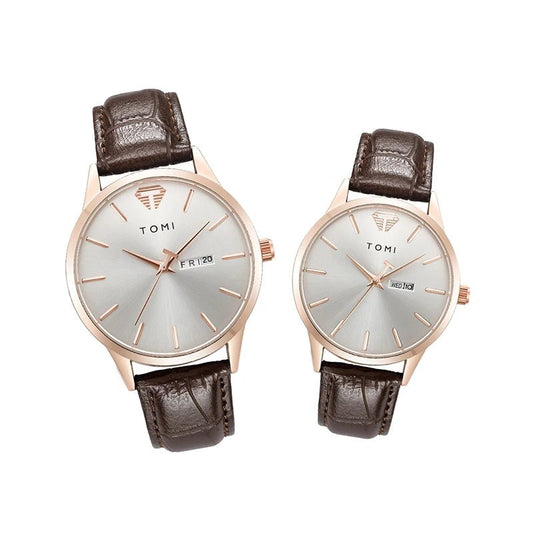 TOMI Minimalist Couple Watch Set – Luxury Circular Quartz Watches with Calendar for Men & Women – Two - Piece Gift Set - SMARTMARTNZ