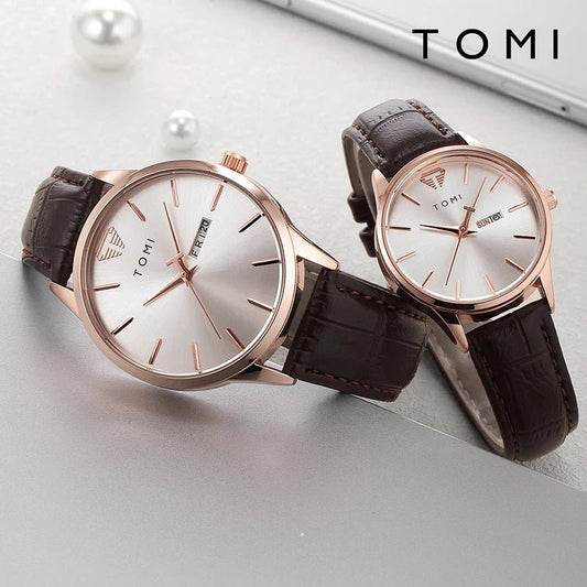 TOMI Minimalist Couple Watch Set – Luxury Circular Quartz Watches with Calendar for Men & Women – Two - Piece Gift Set - SMARTMARTNZ