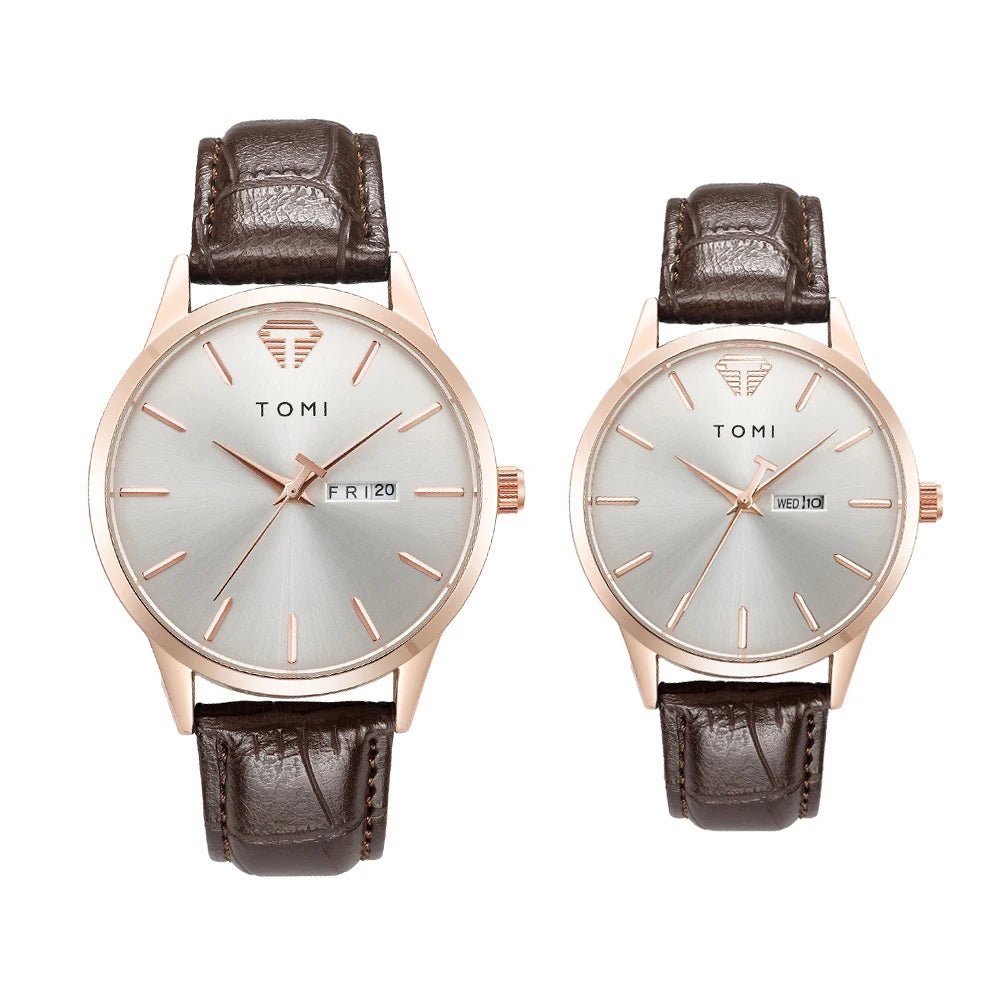 TOMI Minimalist Couple Watch Set – Luxury Circular Quartz Watches with Calendar for Men & Women – Two - Piece Gift Set - SMARTMARTNZ