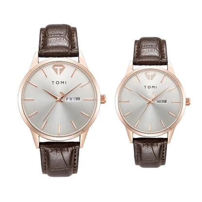 TOMI Minimalist Couple Watch Set – Luxury Circular Quartz Watches with Calendar for Men & Women – Two - Piece Gift Set - SMARTMARTNZ