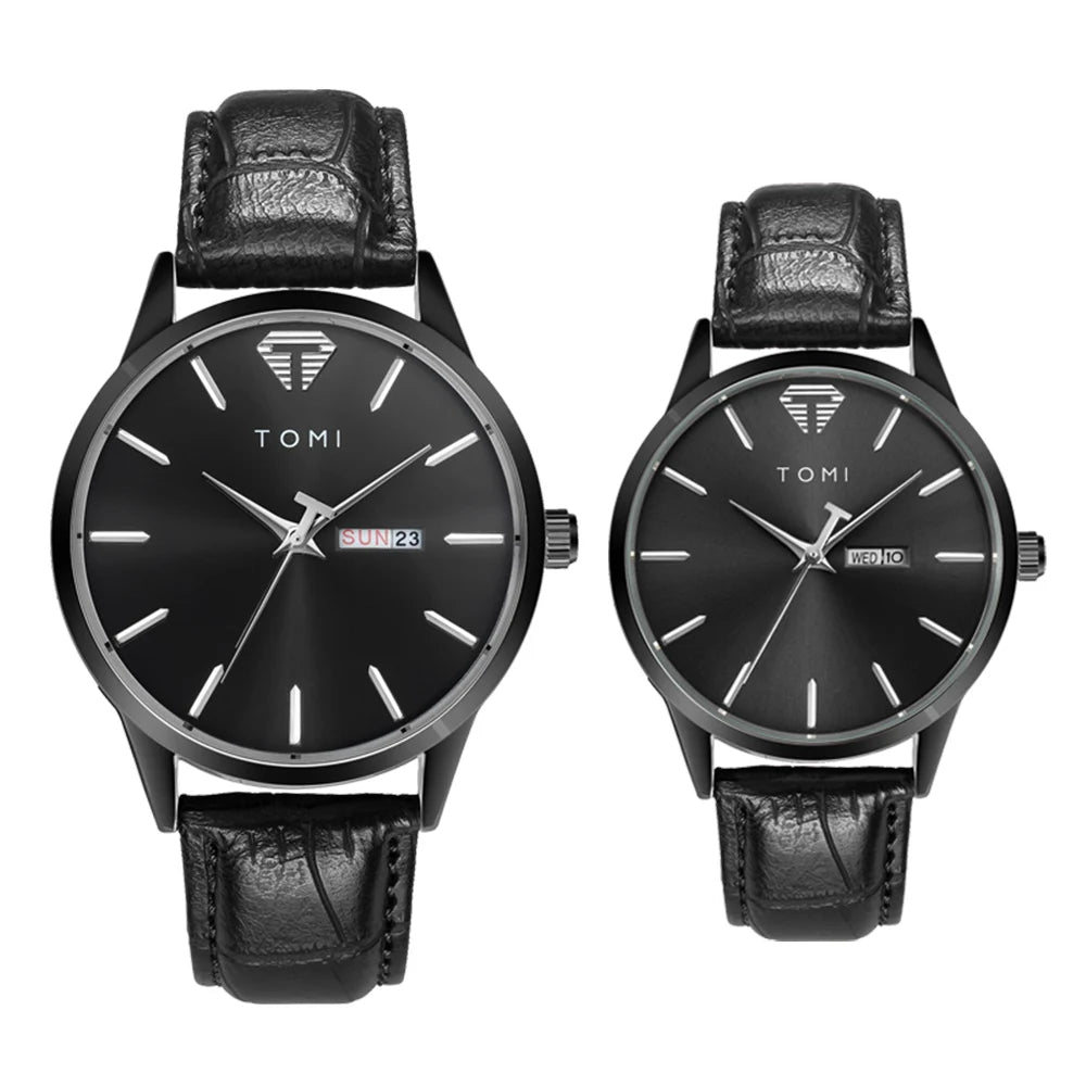 TOMI Minimalist Couple Watch Set – Luxury Circular Quartz Watches with Calendar for Men & Women – Two - Piece Gift Set - SMARTMARTNZ