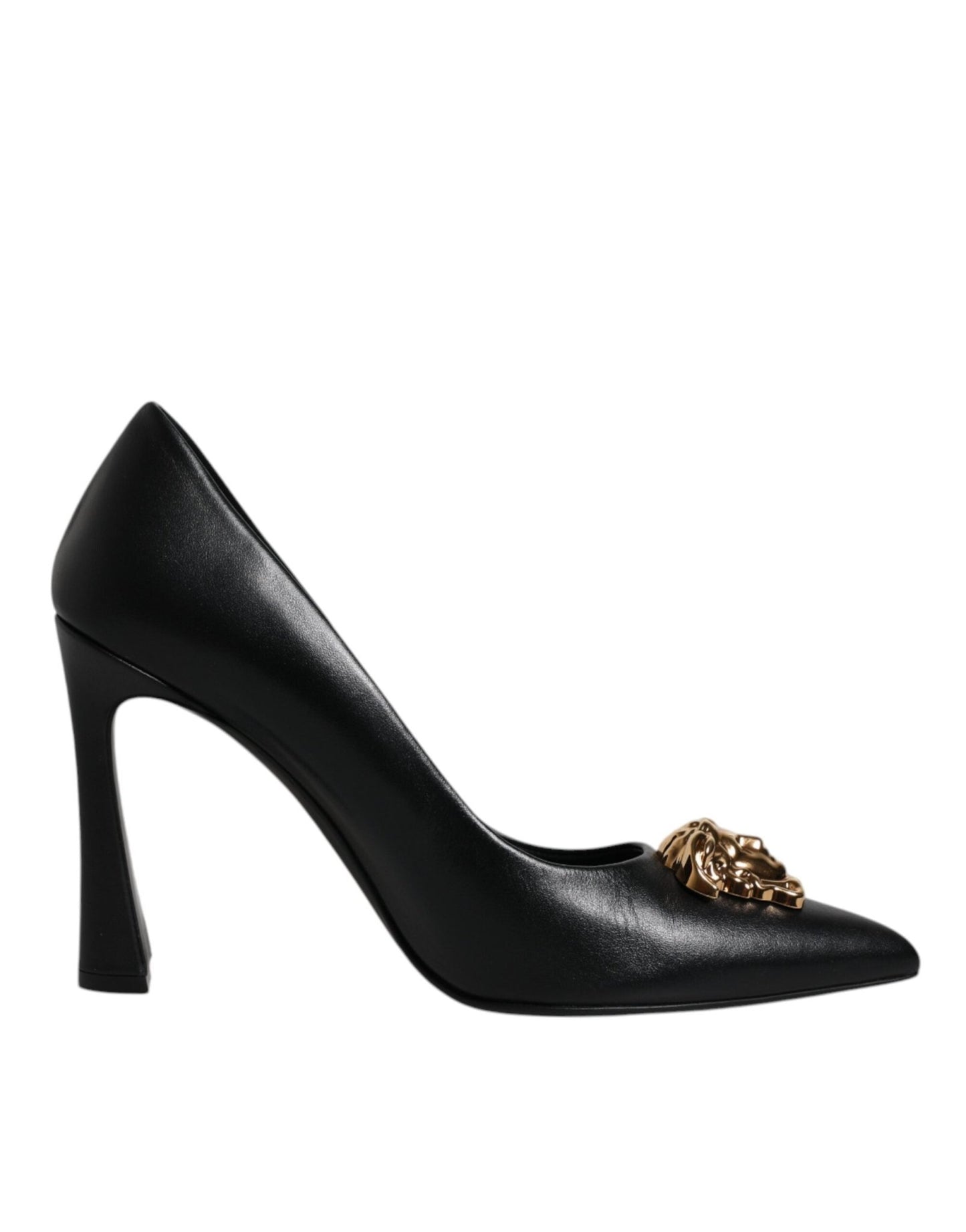 Versace Black Leather Logo Plaque High Heels Pumps Shoes - SMARTMARTNZ