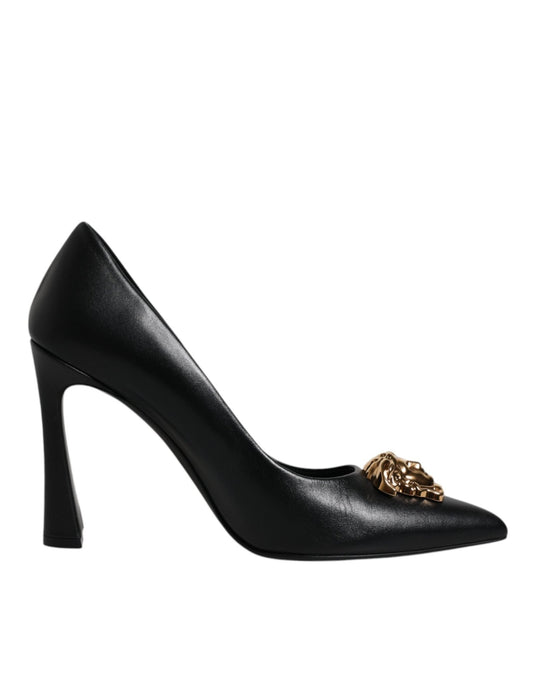 Versace Black Leather Logo Plaque High Heels Pumps Shoes - SMARTMARTNZ