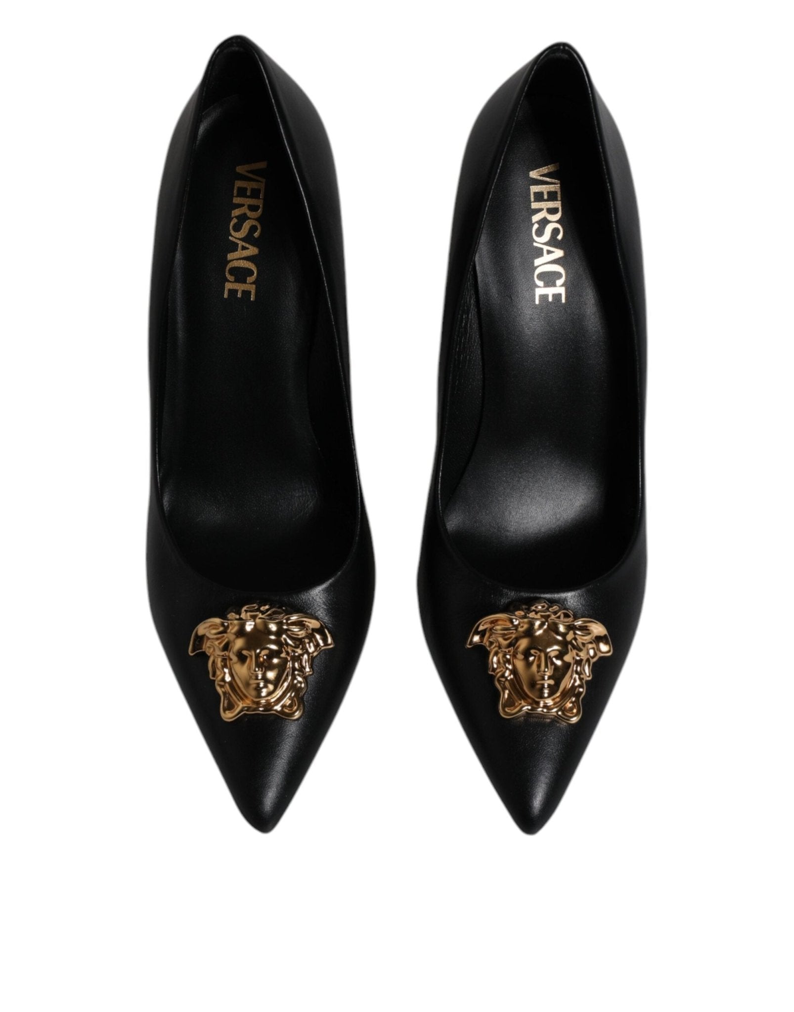 Versace Black Leather Logo Plaque High Heels Pumps Shoes - SMARTMARTNZ