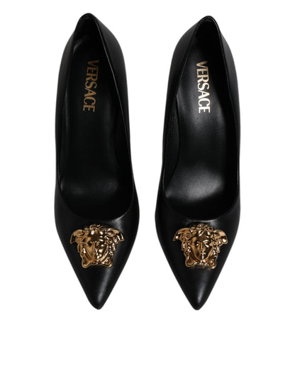 Versace Black Leather Logo Plaque High Heels Pumps Shoes - SMARTMARTNZ