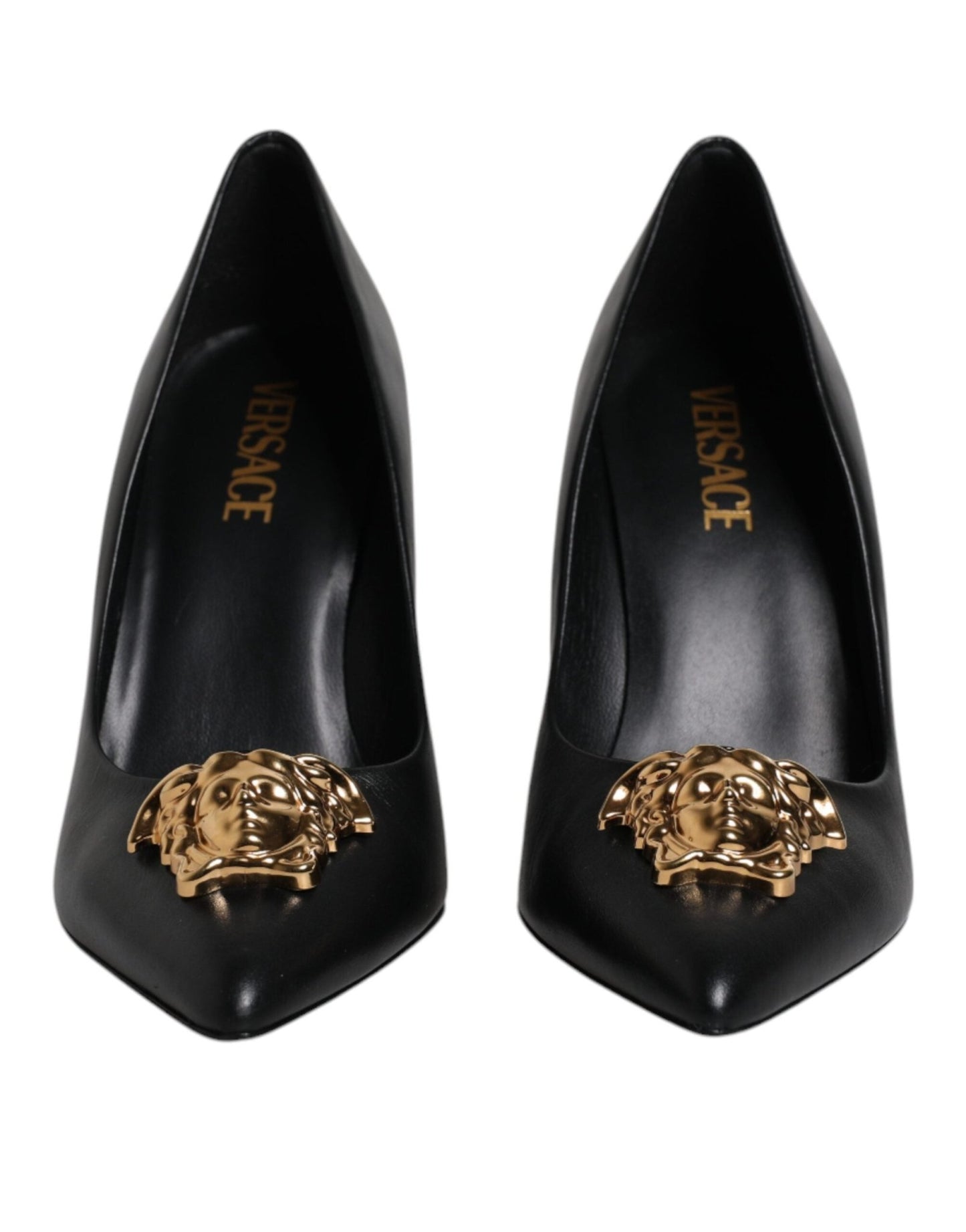 Versace Black Leather Logo Plaque High Heels Pumps Shoes - SMARTMARTNZ