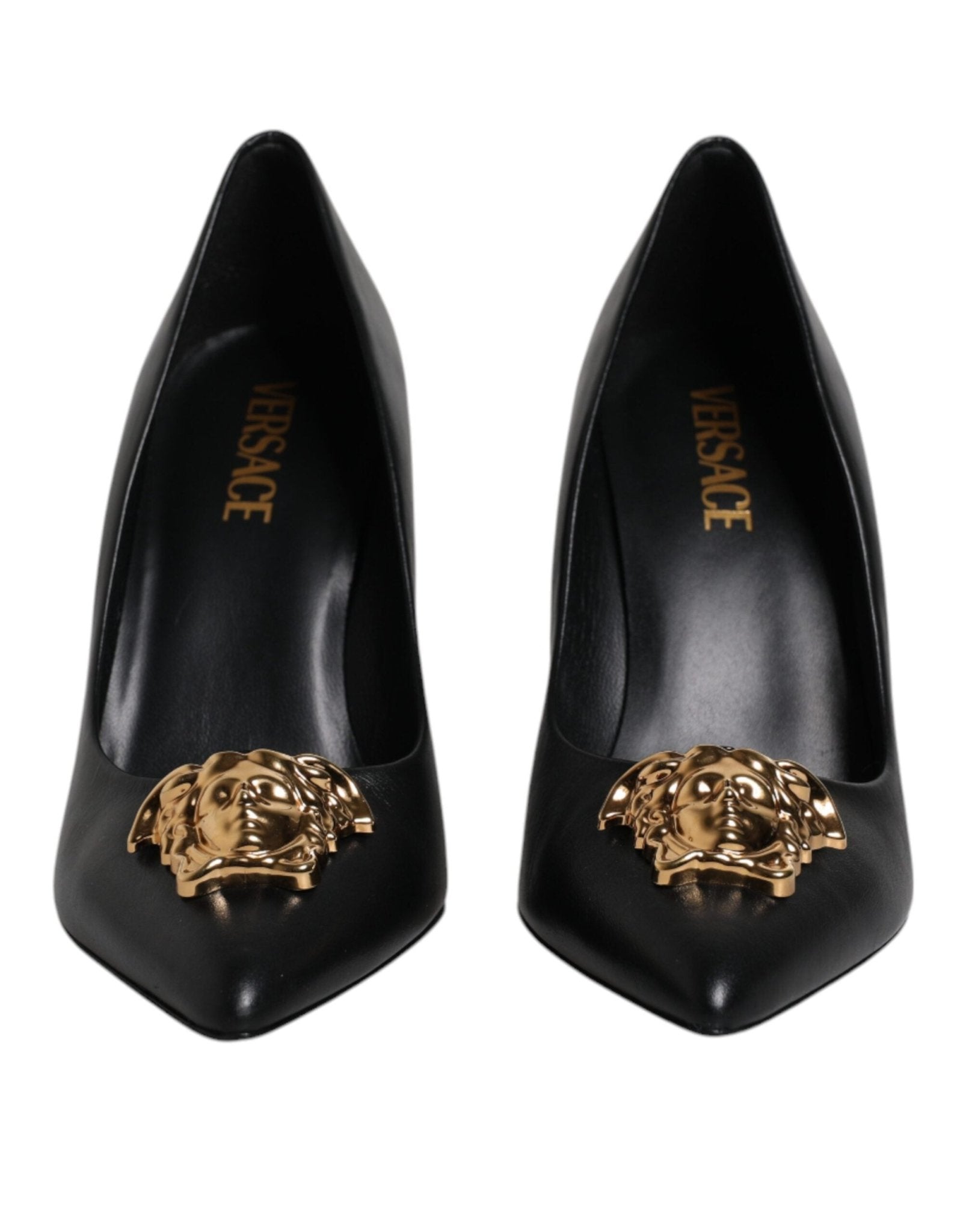 Versace Black Leather Logo Plaque High Heels Pumps Shoes - SMARTMARTNZ