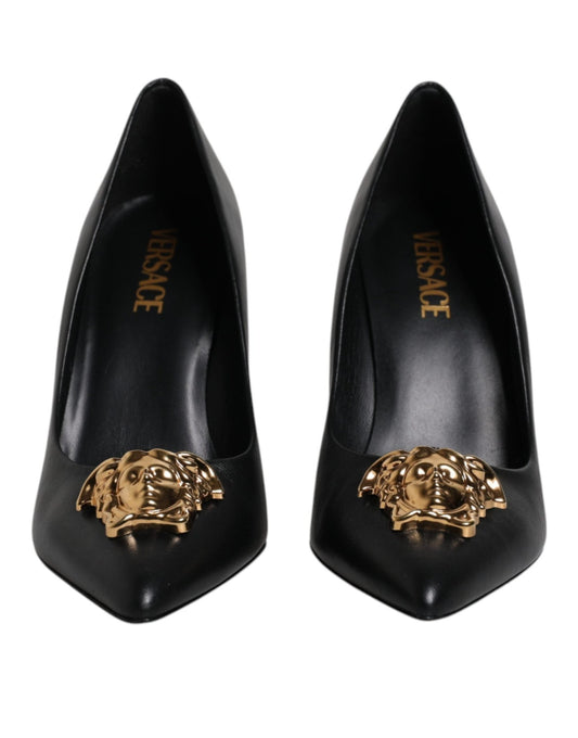Versace Black Leather Logo Plaque High Heels Pumps Shoes - SMARTMARTNZ